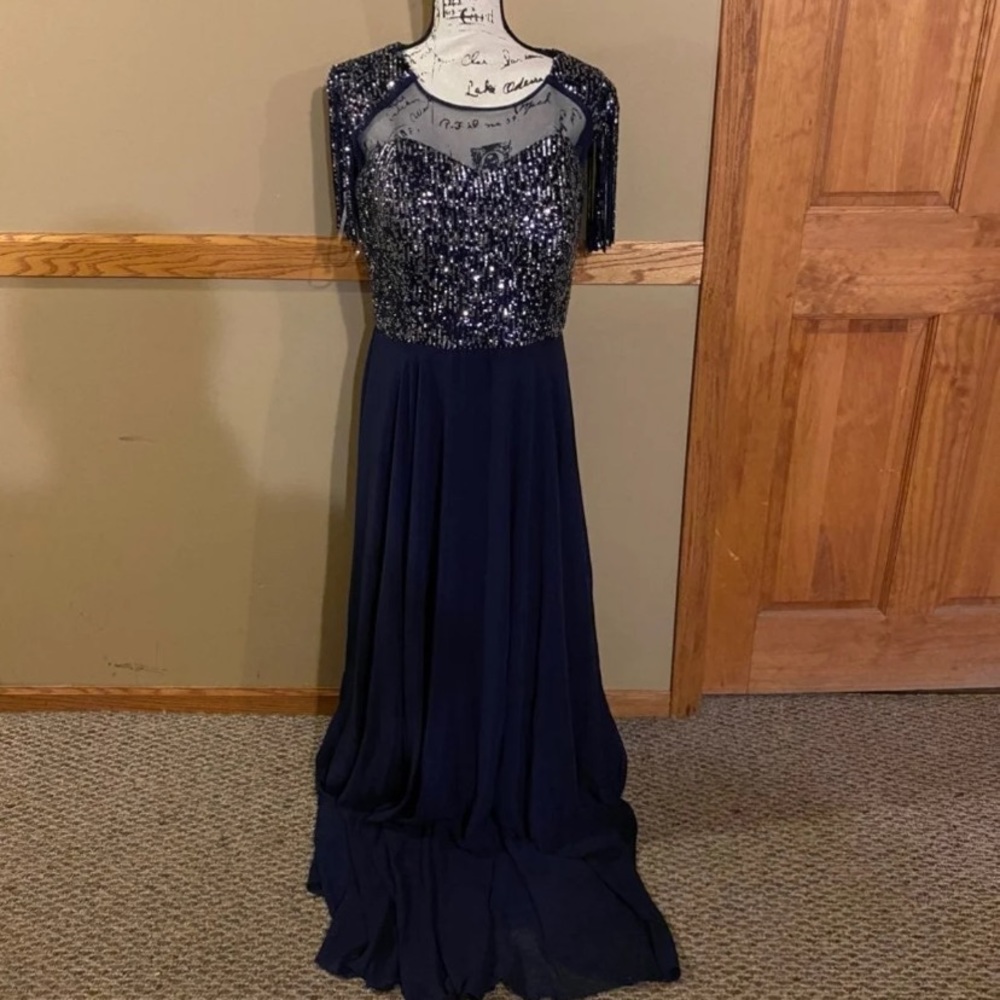 Blue fringe sleeve sequence gown